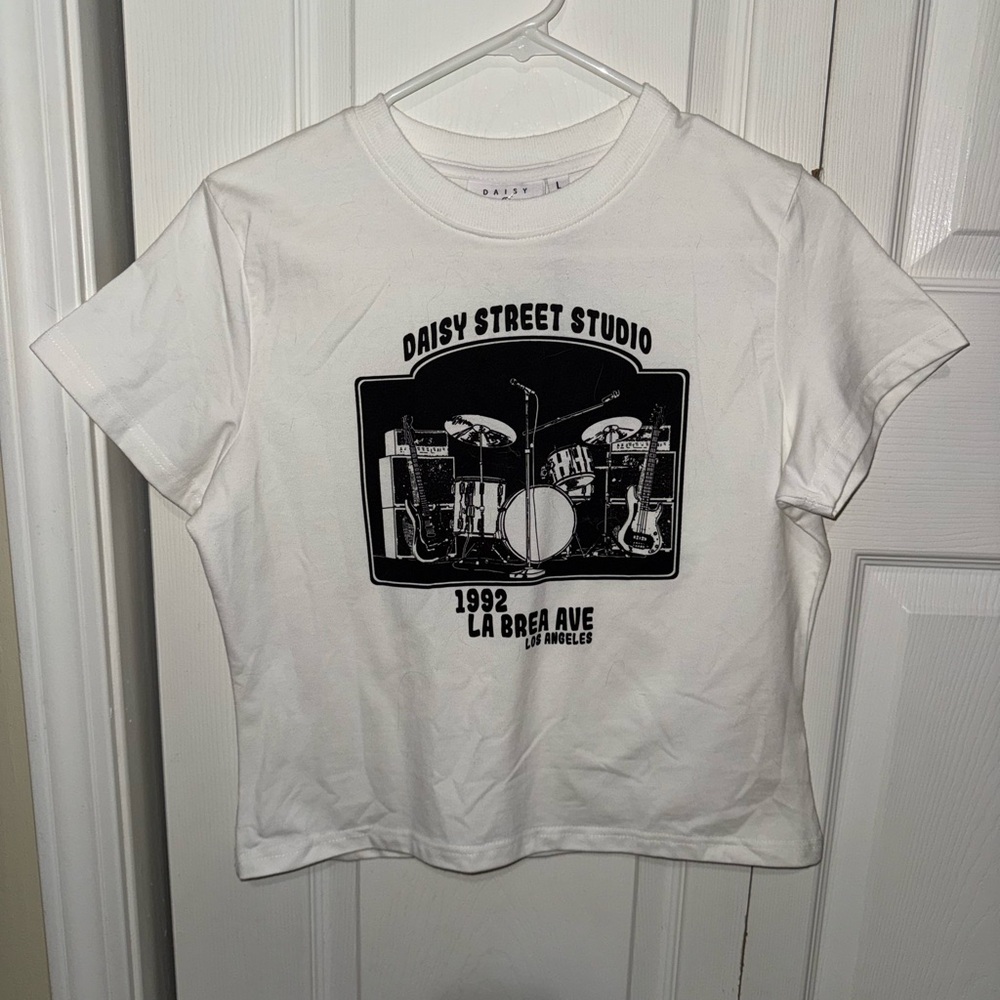White Graphic Tee with Drum Set Print